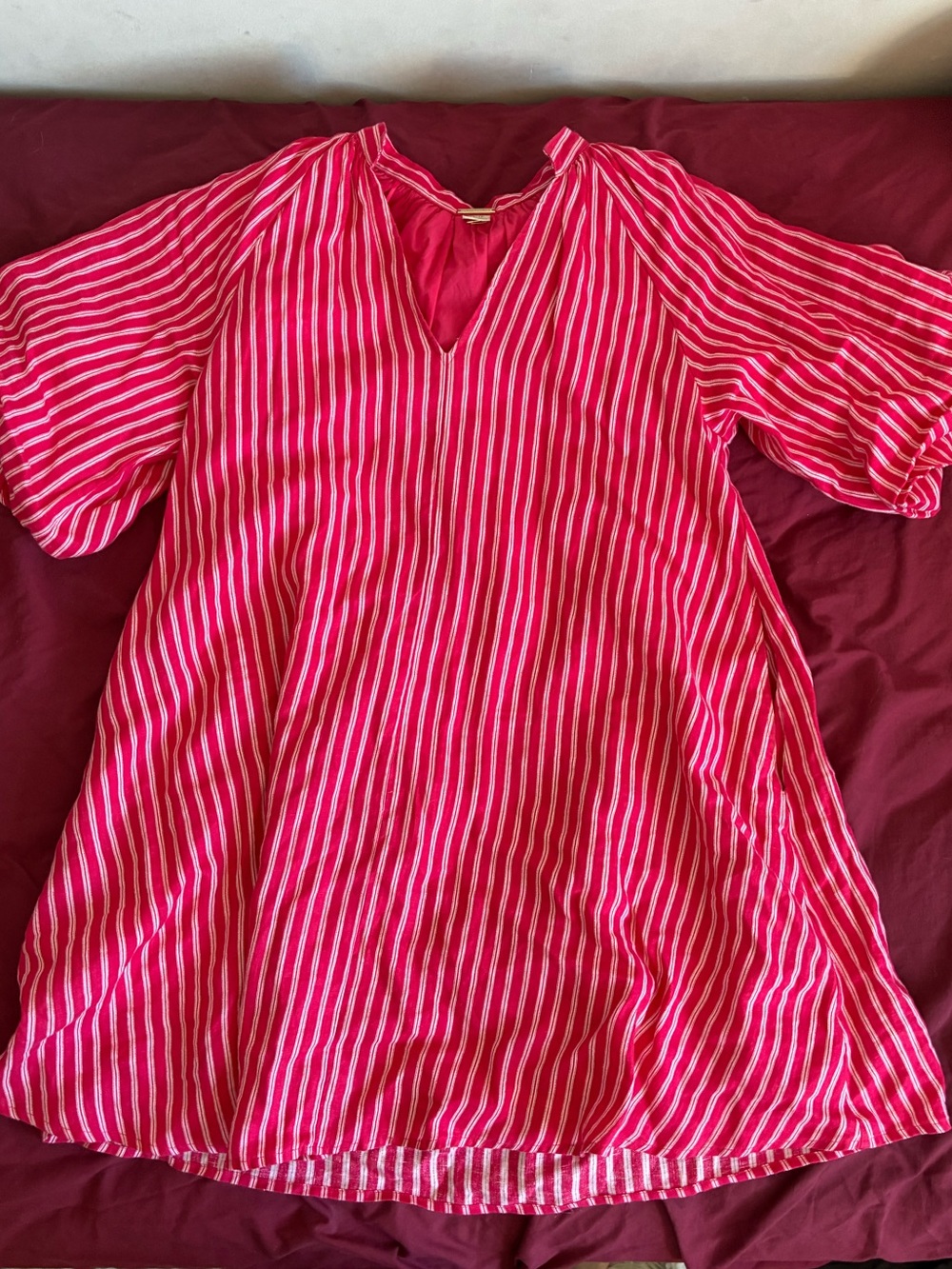Magaschoni Pink & White Striped Casual V-Neck Dress